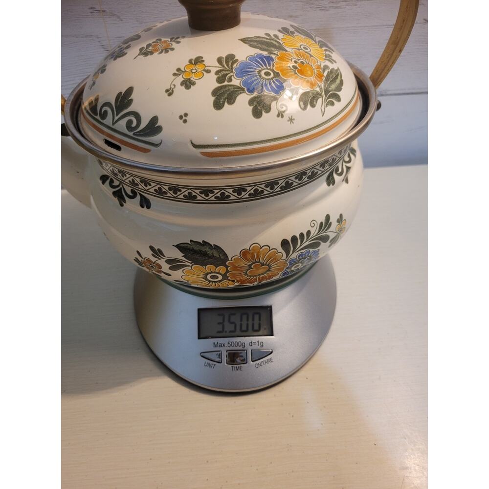 VTG 1960’s ASTA Enamelware Tea Kettle Teapot Brass Handles Floral West Germany - Picture 11 of 11